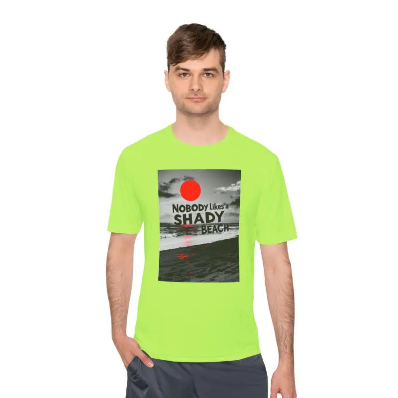 Neon green t-shirt featuring beach graphic from Nobody Likes a Shady Beach collection