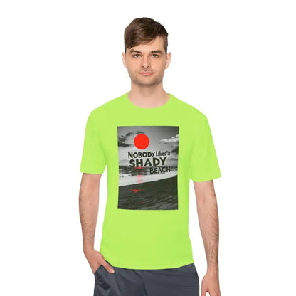 Neon green t-shirt featuring beach graphic from Nobody Likes a Shady Beach collection