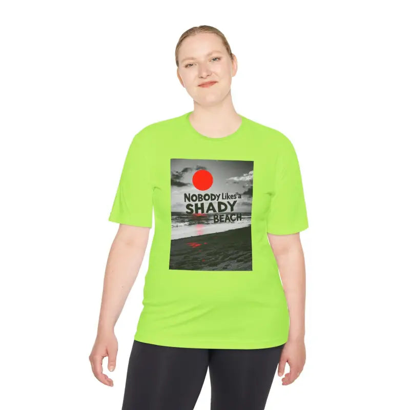 Neon green Nobody Likes a Shady Beach Unisex Moisture Wicking Tee with beach graphic