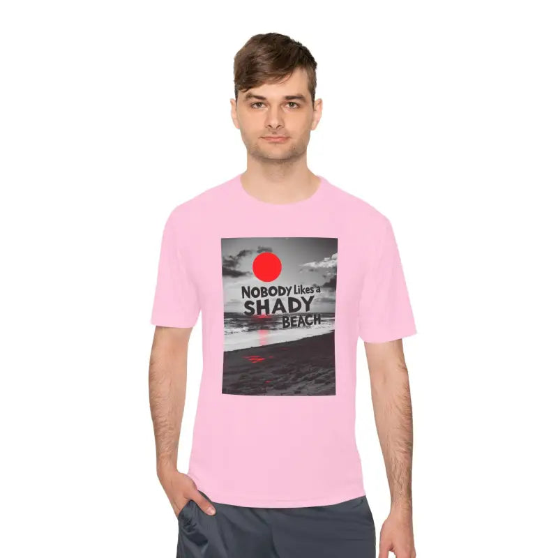 Pink t-shirt with beach graphic from Nobody Likes a Shady Beach Unisex Tee