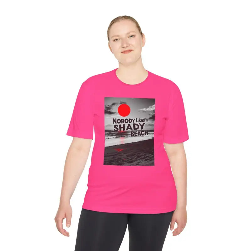 Pink t-shirt featuring beach graphic from Nobody Likes a Shady Beach Unisex Tee