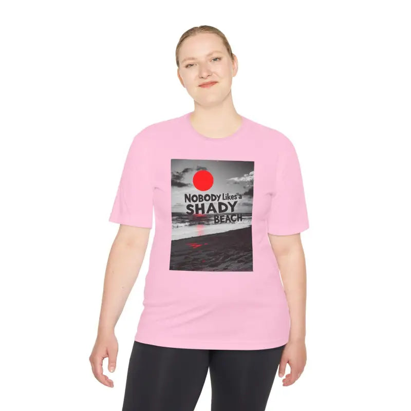 Pink Unisex Moisture Wicking Tee featuring a beach graphic with Nobody Likes a Shady Beach