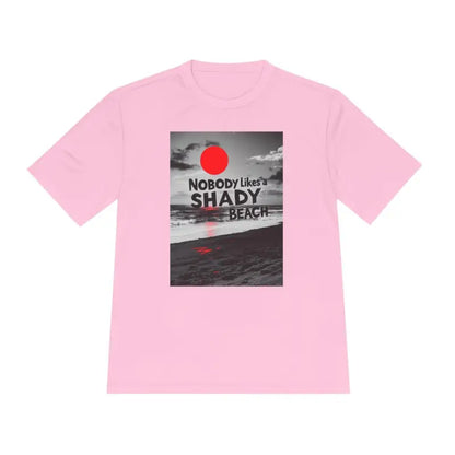 Pink t-shirt featuring beach graphic from Nobody Likes a Shady Beach Unisex Tee