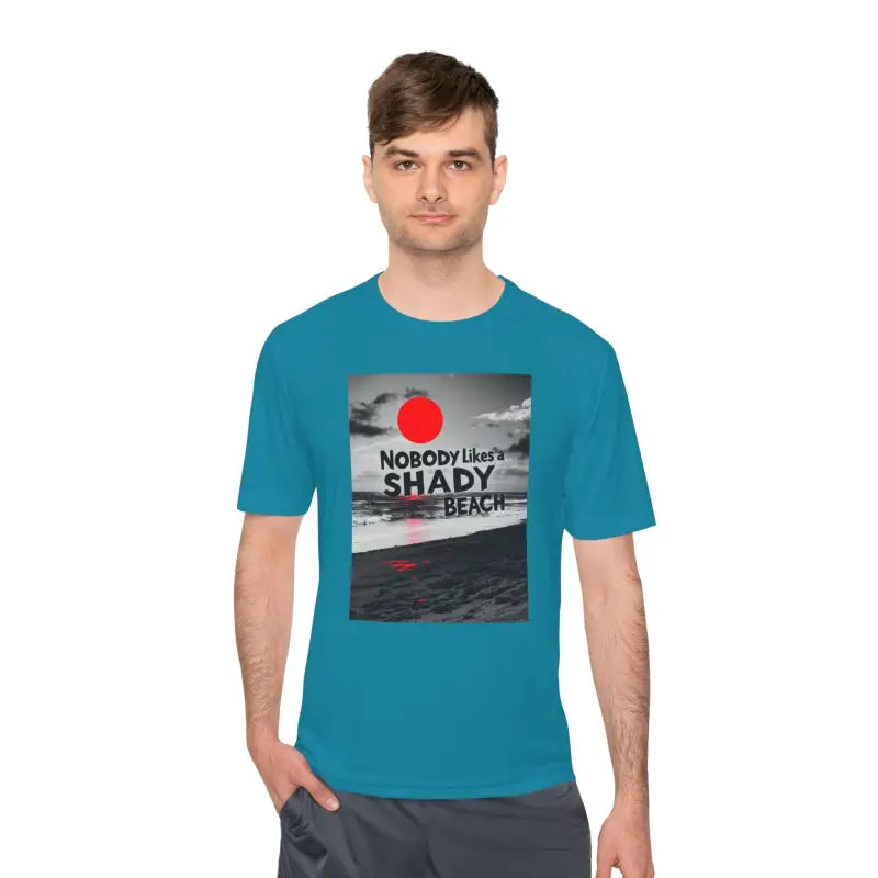 Teal t-shirt featuring beach graphic from Nobody Likes a Shady Beach collection