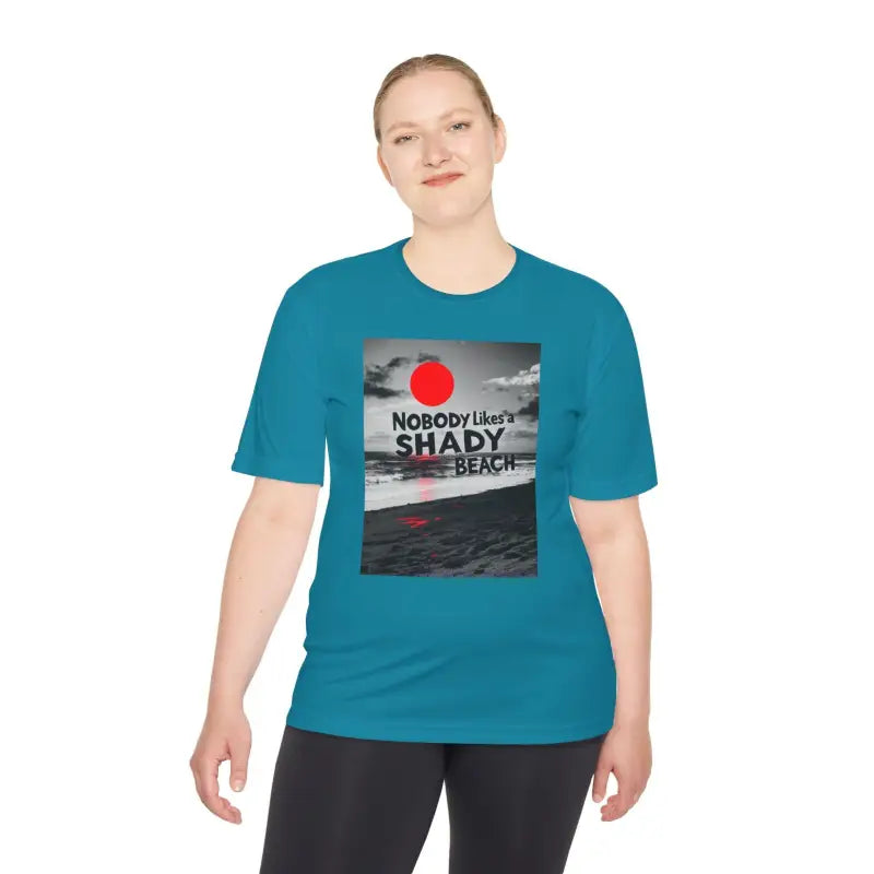 Teal t-shirt featuring beach graphic from Nobody Likes a Shady Beach Tee collection