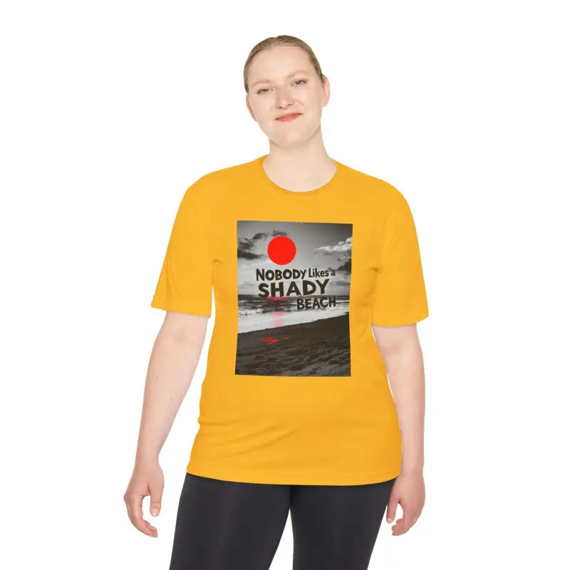 Yellow Nobody Likes a Shady Beach Unisex Moisture Wicking Tee with beach graphic