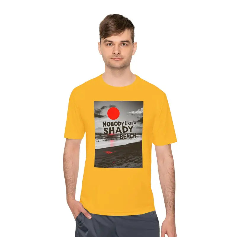 Yellow t-shirt with beach graphic from Nobody Likes a Shady Beach Unisex Tee