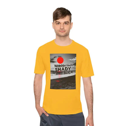 Yellow t-shirt with beach graphic from Nobody Likes a Shady Beach Unisex Tee
