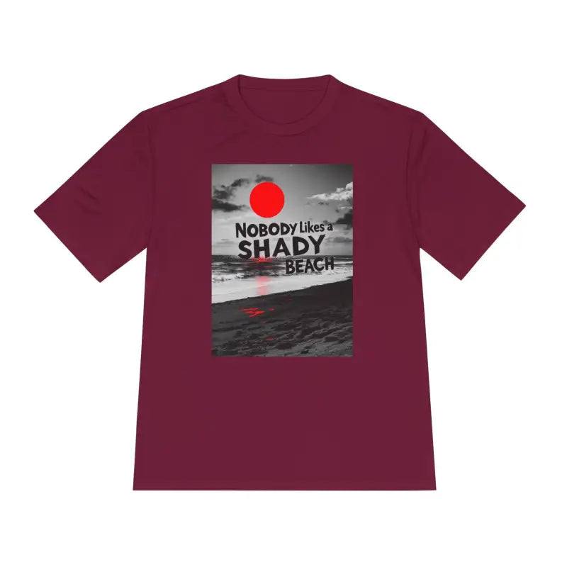 Maroon t-shirt featuring beach graphic from Nobody Likes a Shady Beach collection
