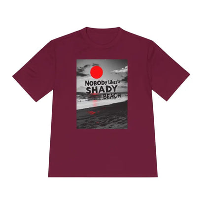 Maroon t-shirt featuring beach graphic from Nobody Likes a Shady Beach collection
