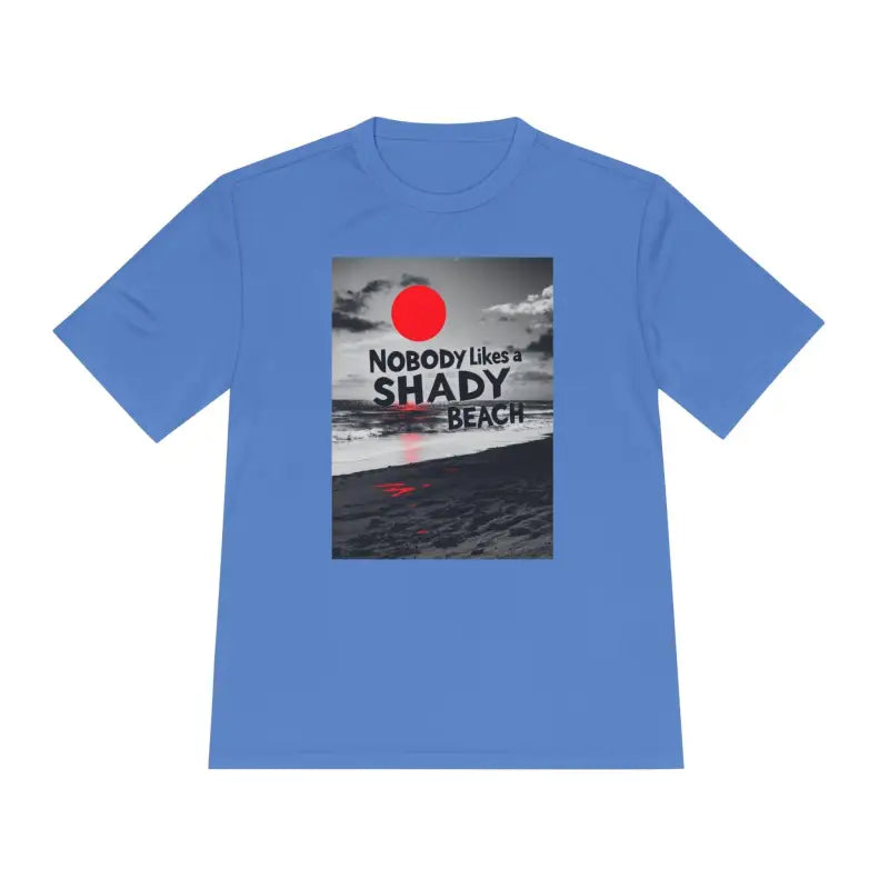 Blue t-shirt featuring beach graphic from Nobody Likes a Shady Beach Unisex Tee