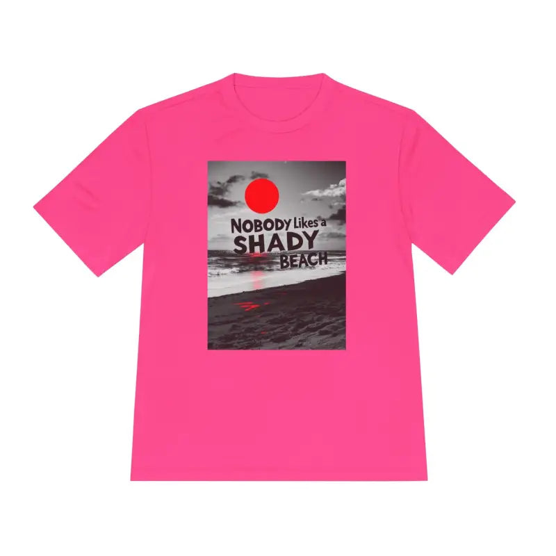 Pink t-shirt featuring beach graphic from Nobody Likes a Shady Beach Unisex Tee