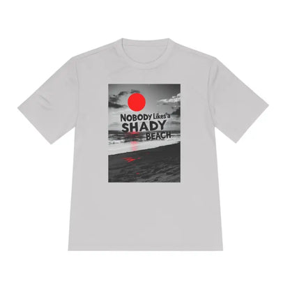 Gray t-shirt featuring beach graphic from Nobody Likes a Shady Beach collection