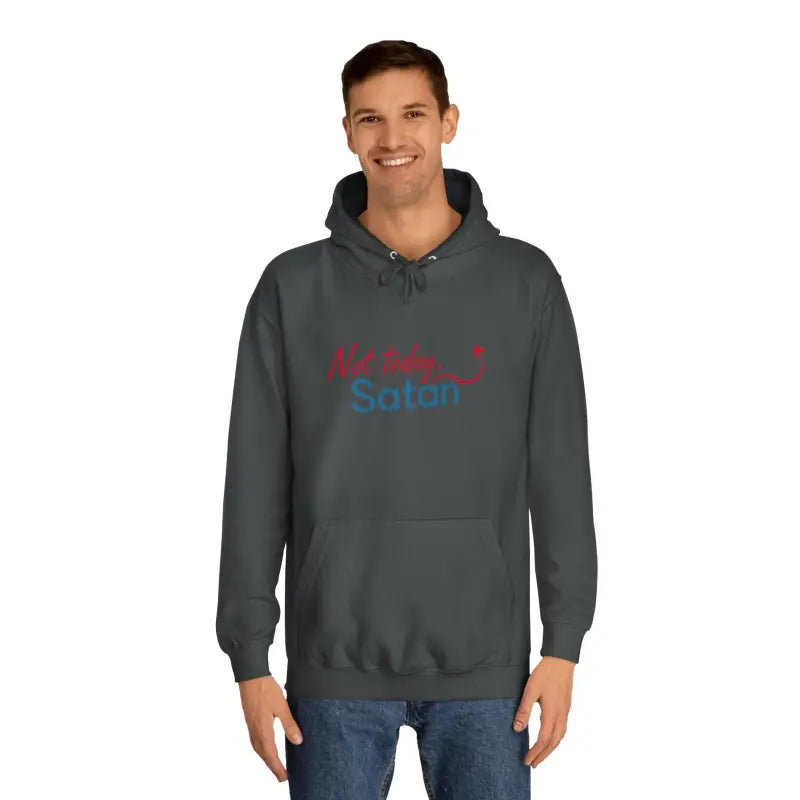 Gray hoodie featuring graphic design of Not Today Satan Unisex Hoodie