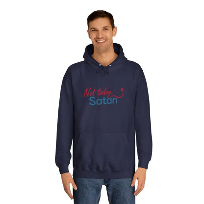 Navy hoodie featuring Not Today Satan text from Not Today Satan Unisex Hoodie Bold Design