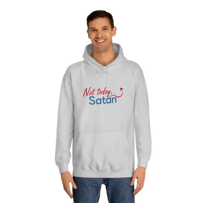 White unisex hoodie featuring bold Not today Satan text design for casual wear