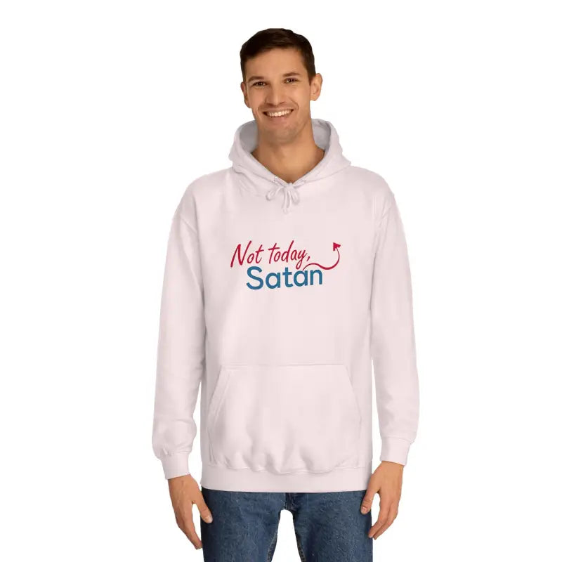 White unisex hoodie featuring Not Today Satan graphic in bold design