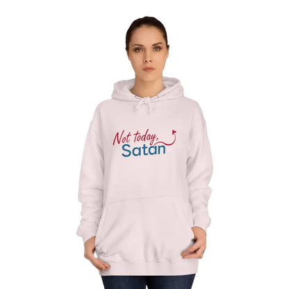 White hoodie featuring Not Today Satan text in a bold design for unisex wear