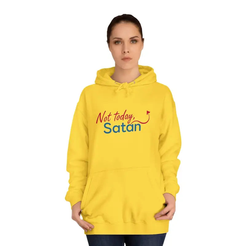 Yellow Not Today Satan Unisex Hoodie with bold text design for casual wear