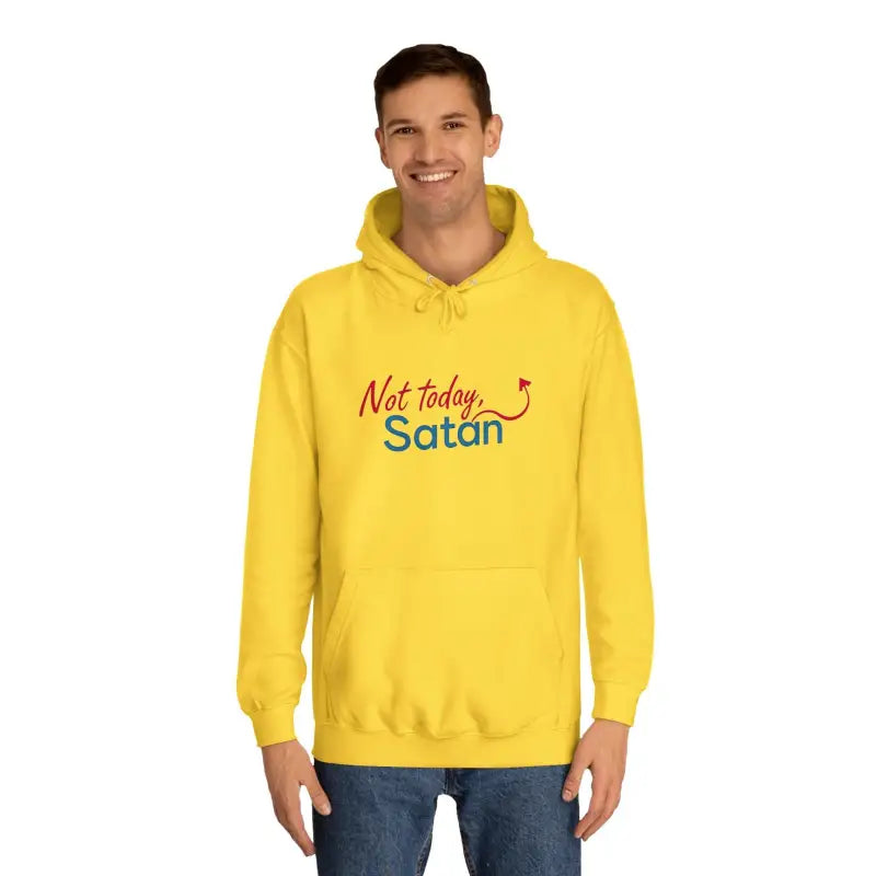 Yellow unisex hoodie featuring bold Not today Satan design for casual wear