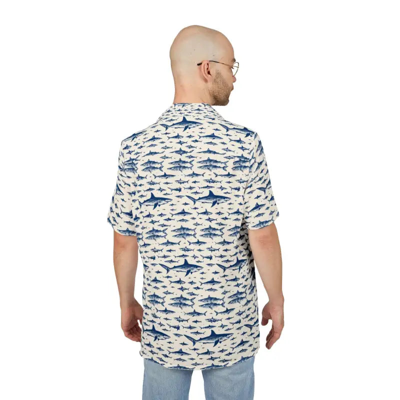 Ocean-Inspired Sharks Printed Hawaiian Button-Down Shirt featuring shark pattern design