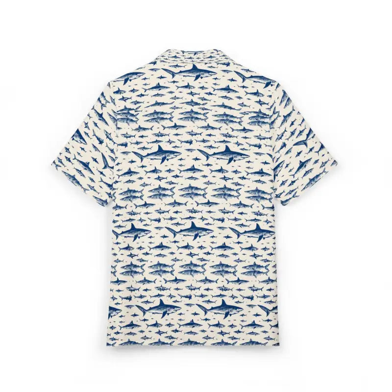 Shark-patterned short-sleeve Hawaiian button-down shirt with ocean-inspired design