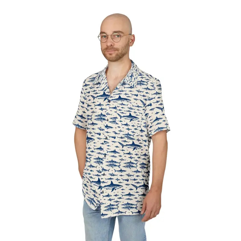 Man wearing Ocean-Inspired Sharks Printed Hawaiian Button-Down Shirt featuring shark pattern