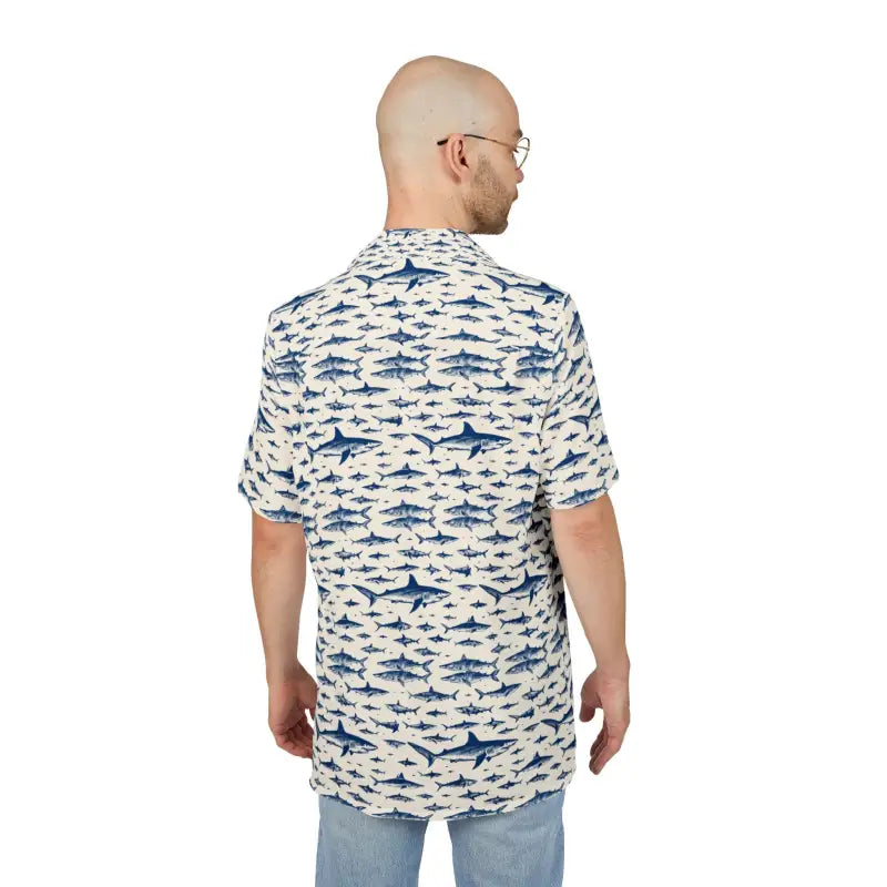 Shark-patterned short-sleeved Hawaiian button-down shirt with ocean-inspired design