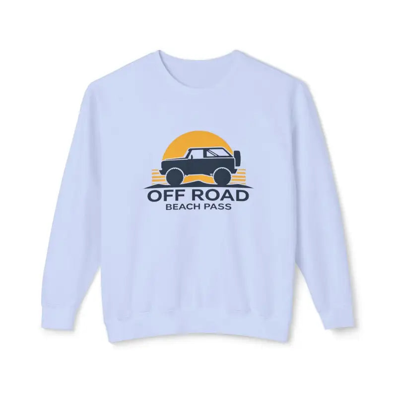 White sweatshirt featuring an off-road vehicle graphic for the Off Road Beach Pass Sweatshirt