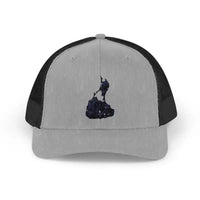 Gray black mesh trucker hat with rock climbing graphic design