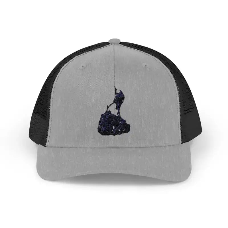 Gray black mesh trucker hat with rock climbing graphic design