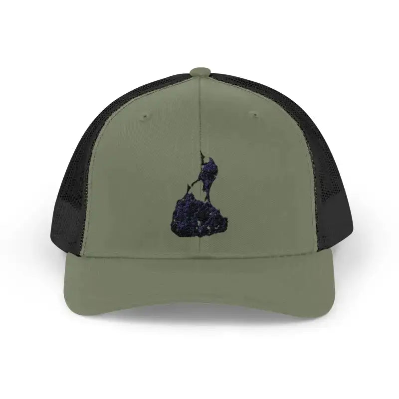 Olive green black mesh trucker hat with purple rock climbing design