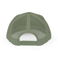 Olive green black mesh baseball cap with rock climbing design and adjustable strap