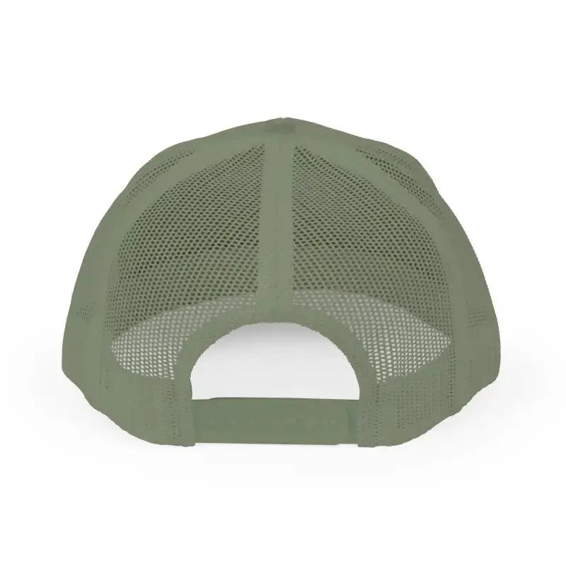 Olive green black mesh baseball cap with rock climbing design and adjustable strap