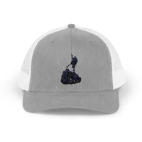 Gray and white trucker hat with olive green black mesh rock climbing design