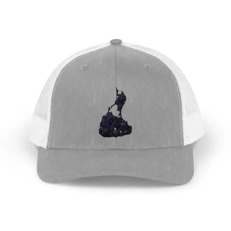 Gray and white trucker hat with olive green black mesh rock climbing design