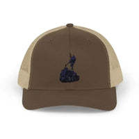 Brown mesh trucker hat with blue purple rock climbing graphic