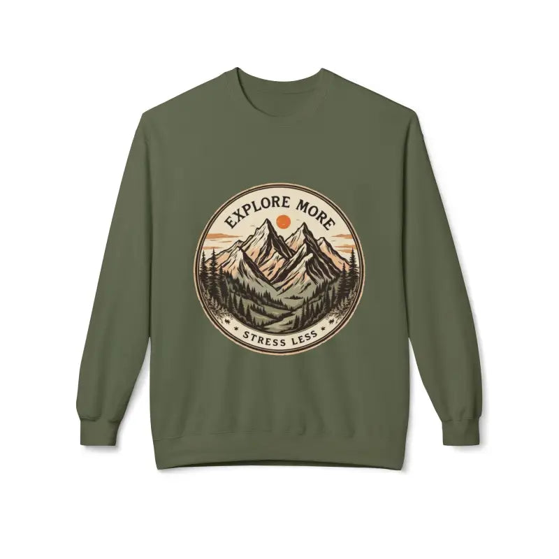 Olive green crewneck sweatshirt with mountain and forest design, explore more stress less slogan