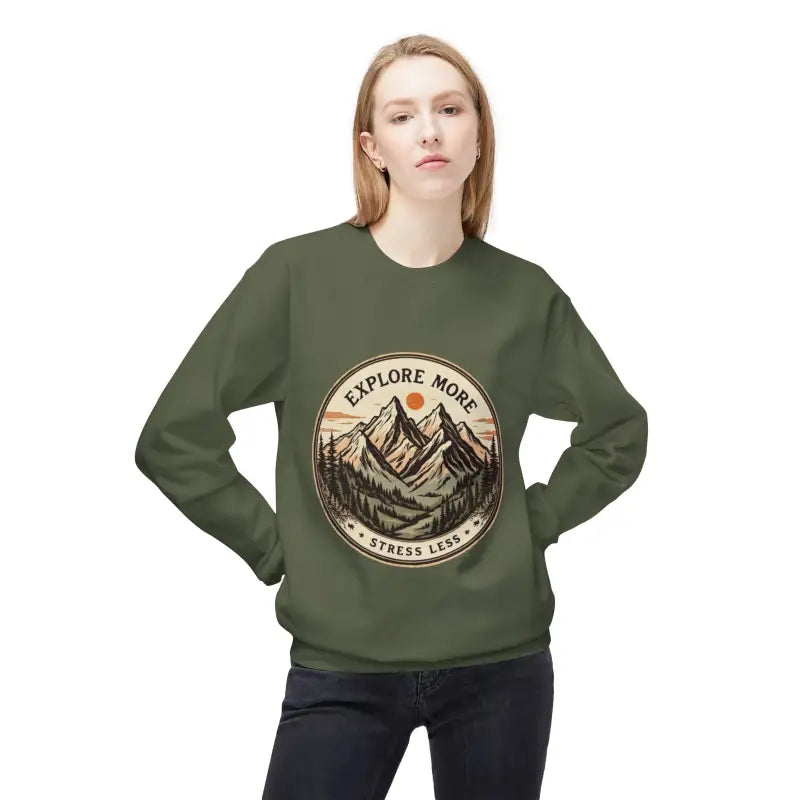 Olive green crewneck sweatshirt with mountain design and Explore More Stress Less text