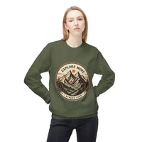 Olive green crewneck sweatshirt with mountain design and Explore More Stress Less text
