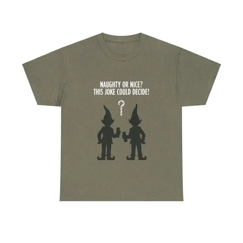Olive green t-shirt featuring a whimsical elf graphic, perfect for casual wear