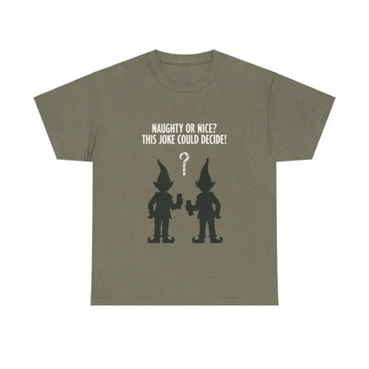 Olive green t-shirt featuring a whimsical elf graphic, perfect for casual wear