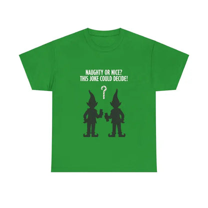 Olive Green T Shirt featuring a whimsical elf graphic design for festive wear