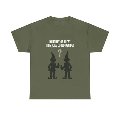 Olive Green T-Shirt with Elf Graphic displayed in a stylish presentation