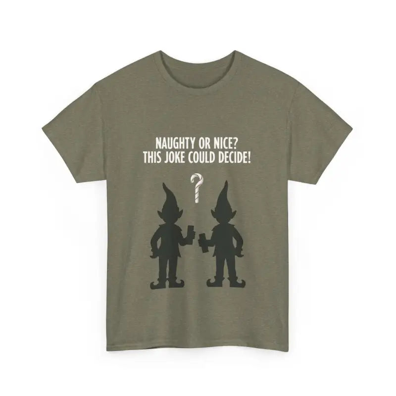 Olive green t-shirt featuring elf silhouettes in a stylish graphic design