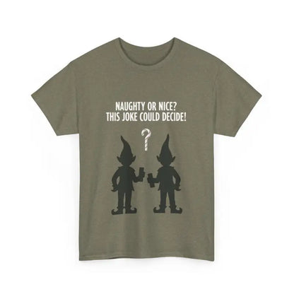 Olive green t-shirt featuring elf silhouettes in a stylish graphic design