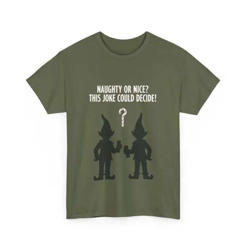 Olive green T-shirt featuring a whimsical Christmas elf graphic design