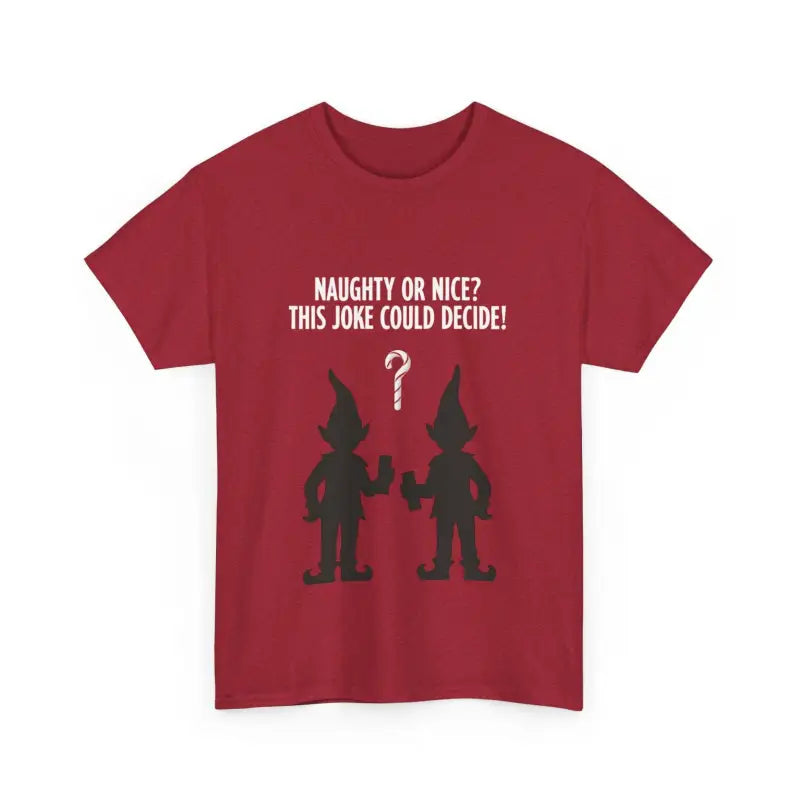 Red Christmas-themed t-shirt featuring an elf graphic for holiday celebrations