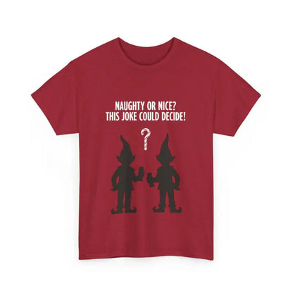 Red Christmas-themed t-shirt featuring an elf graphic for holiday celebrations