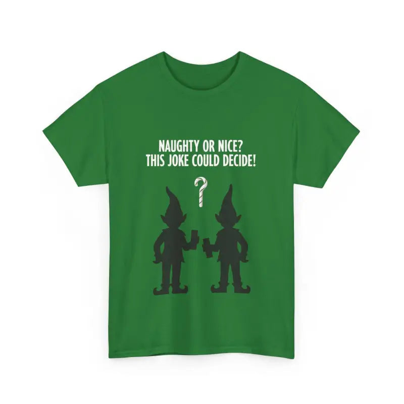 Olive Green T Shirt featuring playful elf silhouettes as a graphic design